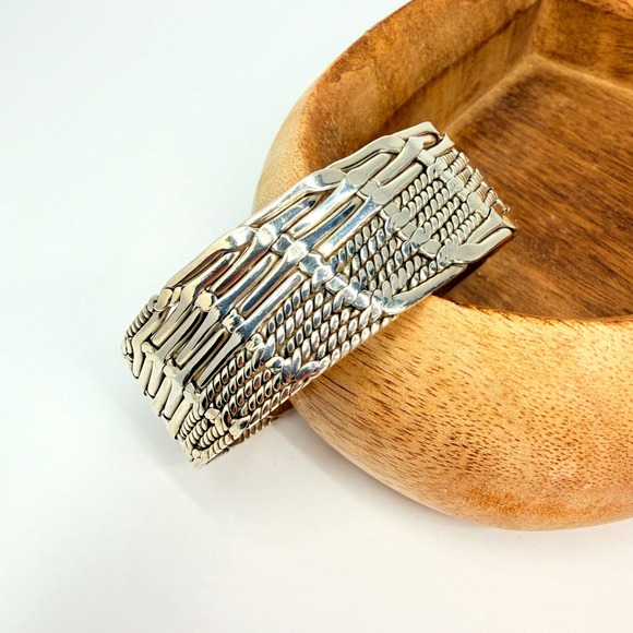 Reclaimed Vintage Jewelry - Vintage Sterling Silver Basket Weave Cuff Taxco Style Flat Braided Bracelet